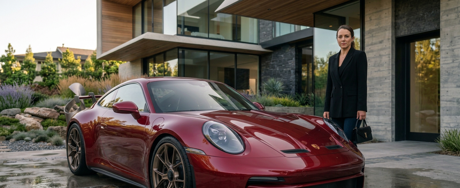 Blue luxury sports car displayed in modern glass-walled showroom with woman